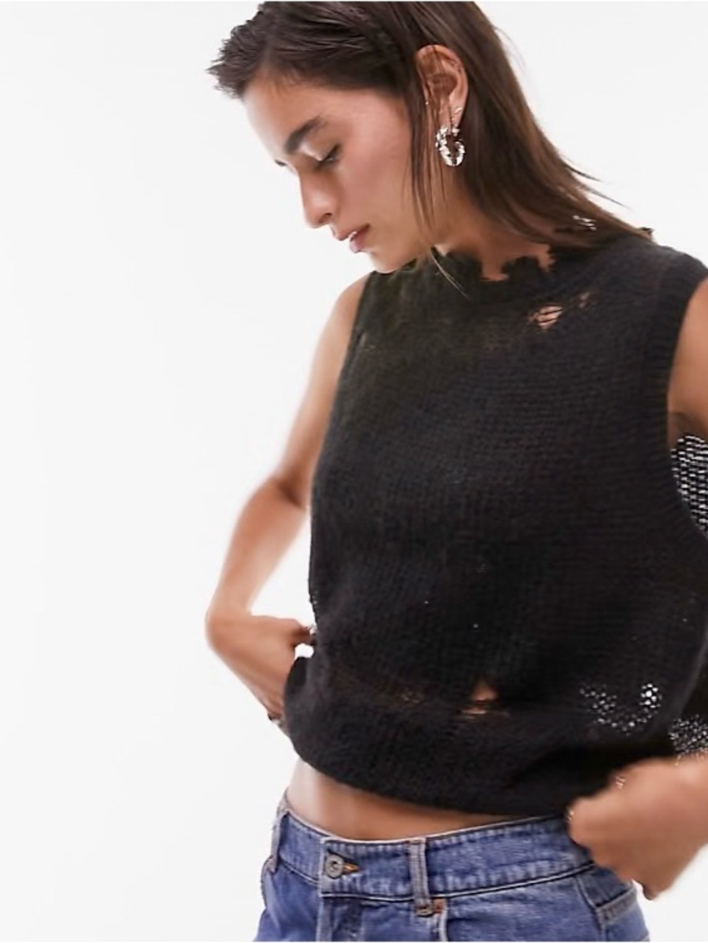 NWOT - Topshop Black Distressed Sleeveless Knitted Top